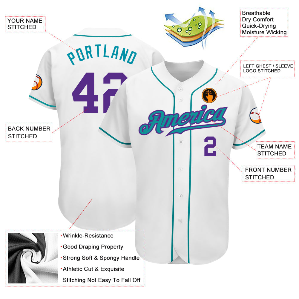 Custom White Purple-Teal Authentic Baseball Jersey baseball jersey product view 3