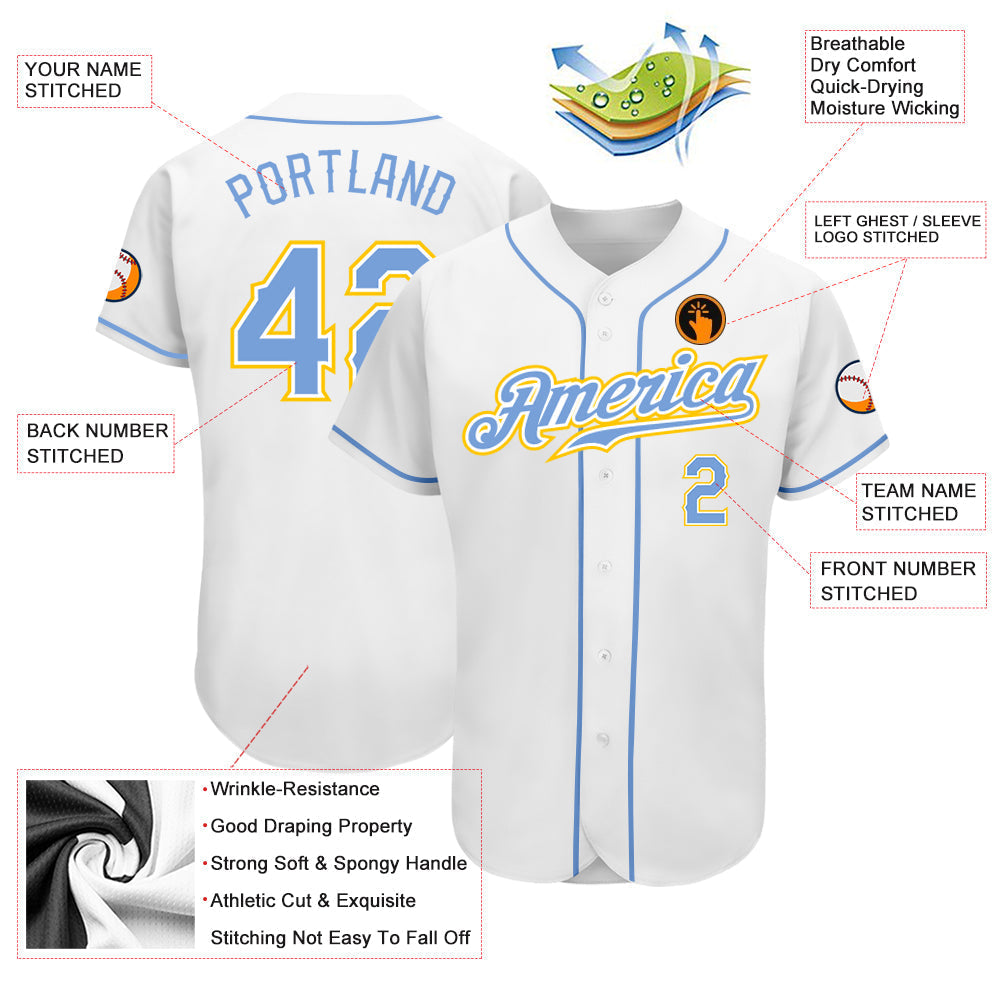 Custom White Light Blue-Gold Authentic Baseball Jersey baseball jersey product view 3