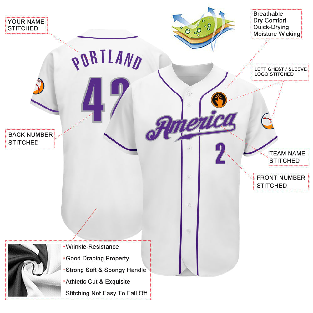 Custom White Purple-Gray Authentic Baseball Jersey baseball jersey product view 4