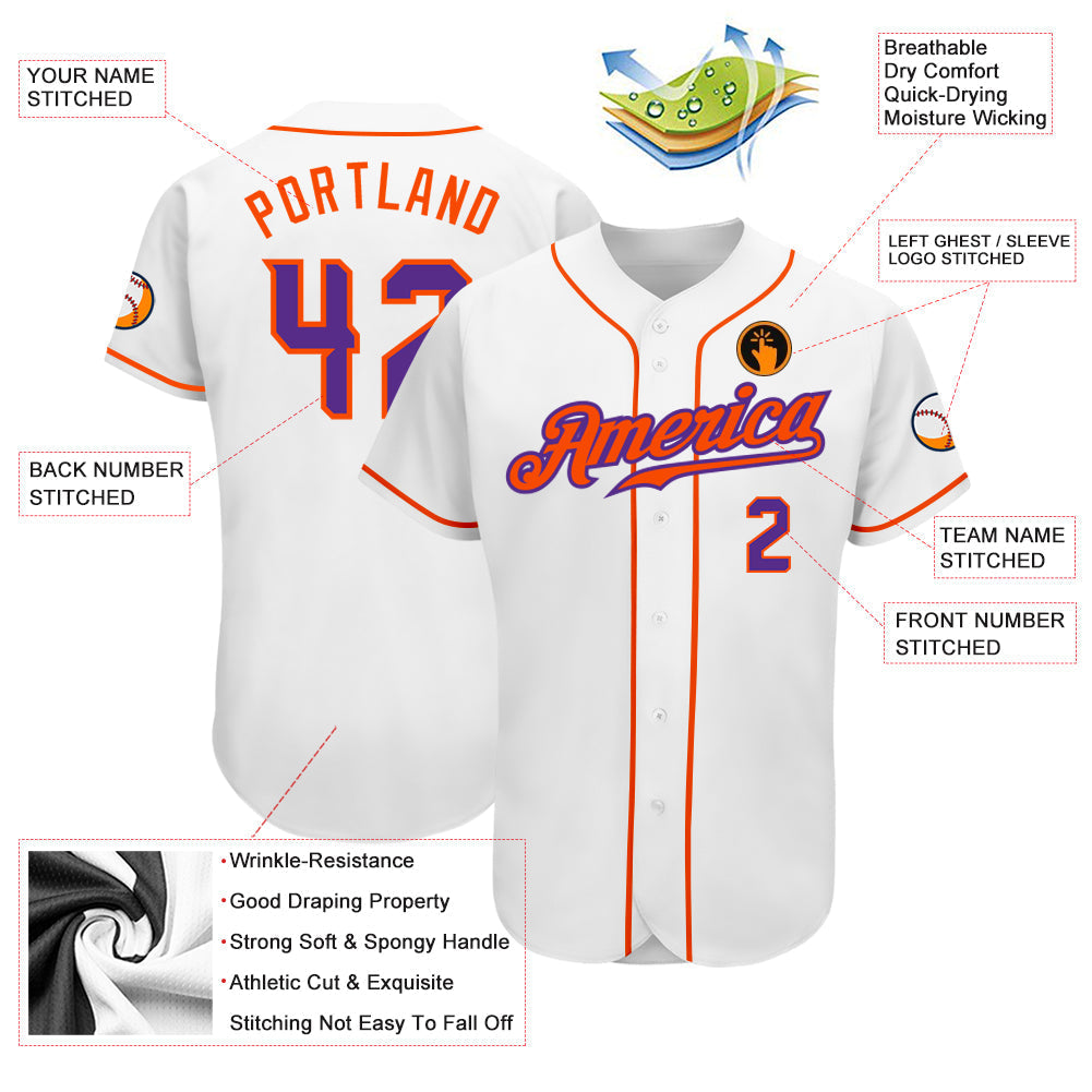 Custom White Purple-Orange Authentic Baseball Jersey baseball jersey product view 3