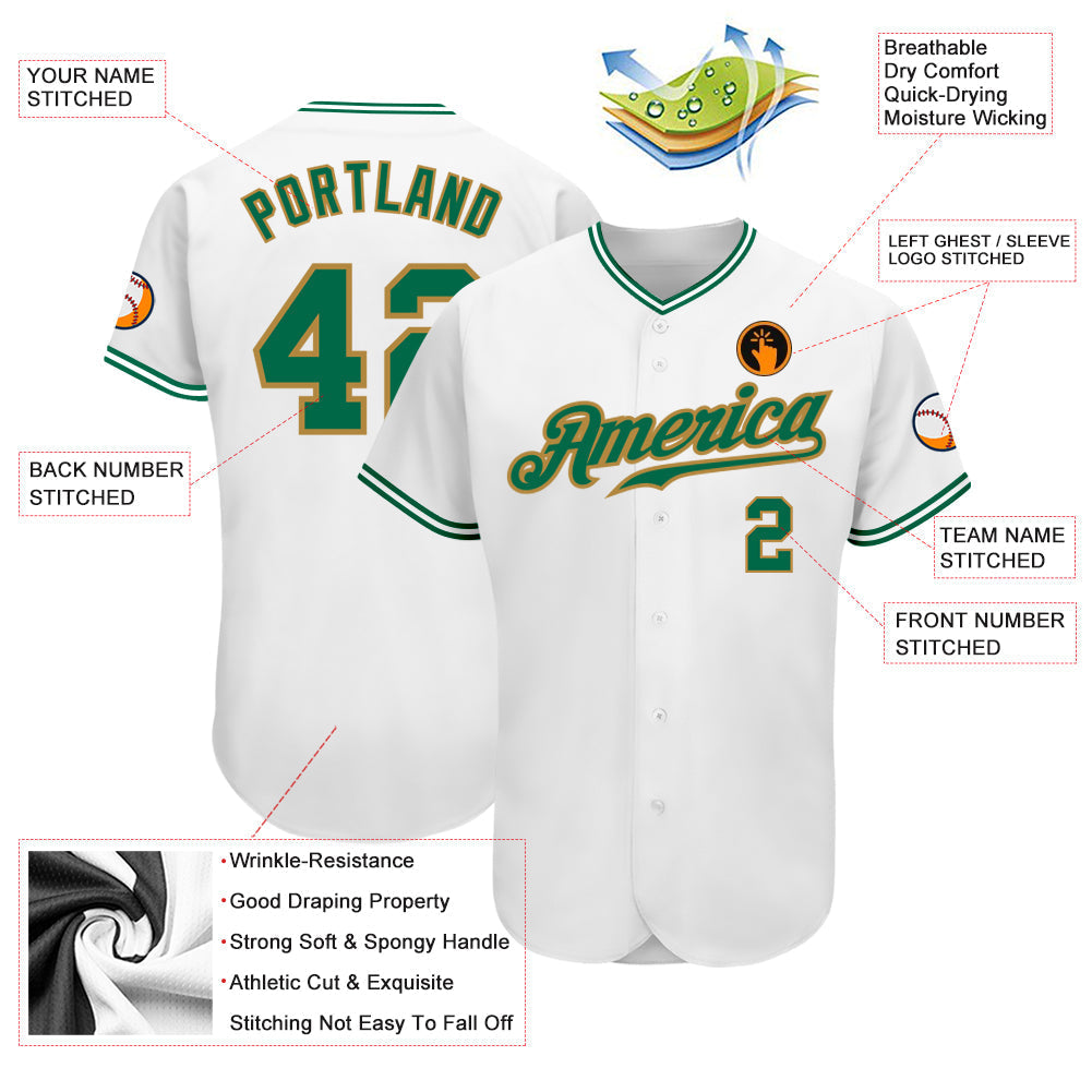 Custom White Kelly Green-Old Gold Authentic Baseball Jersey baseball jersey product view 3