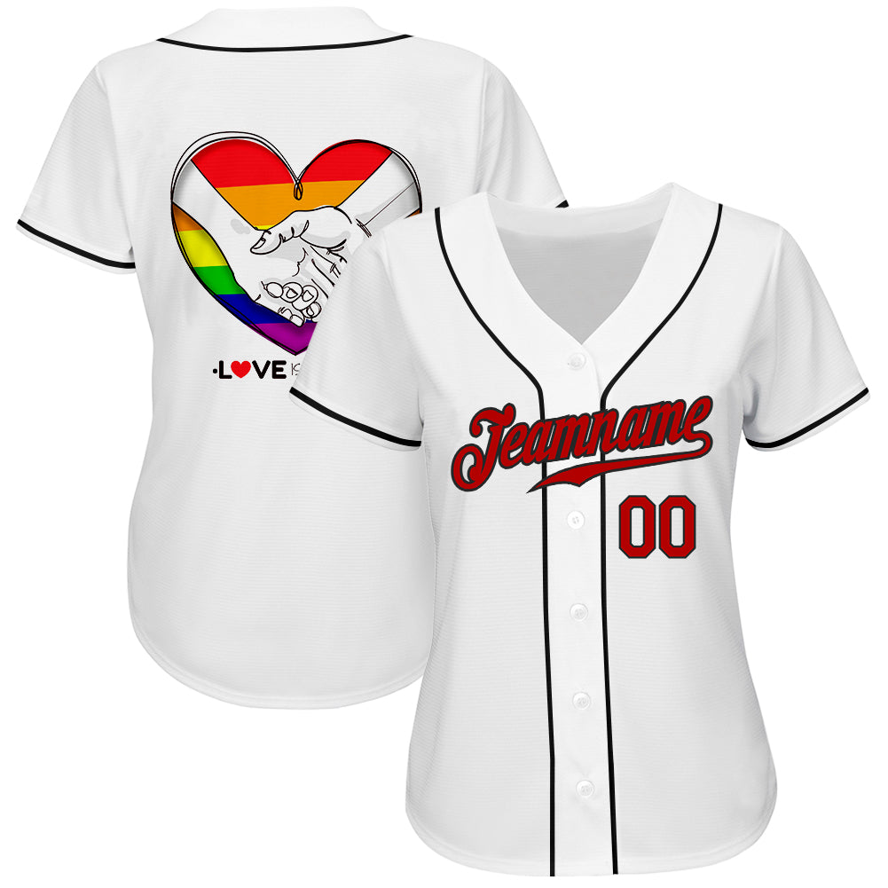 Custom White Red-Black Rainbow Colored Heart For Pride Month Love Is Love LGBT Authentic Baseball Jersey baseball jersey product view 3