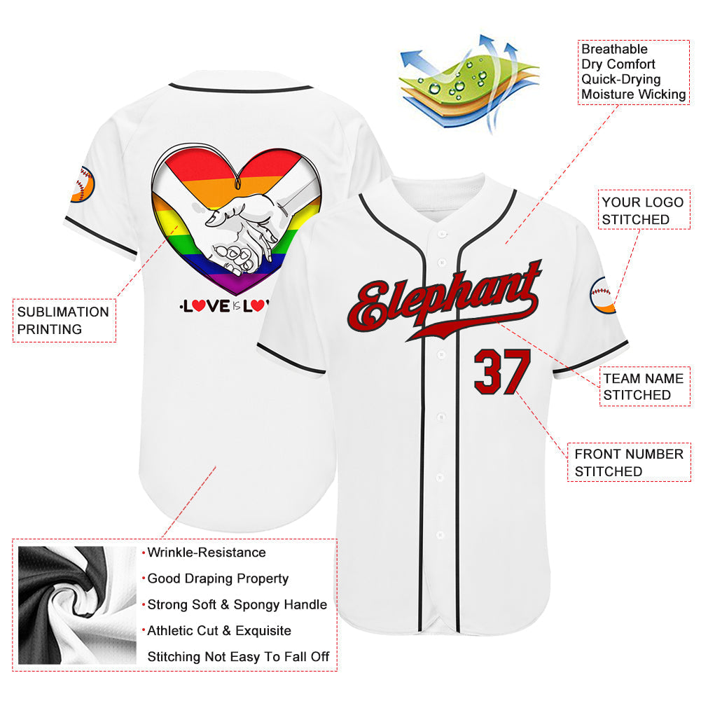 Custom White Red-Black Rainbow Colored Heart For Pride Month Love Is Love LGBT Authentic Baseball Jersey baseball jersey product view 4