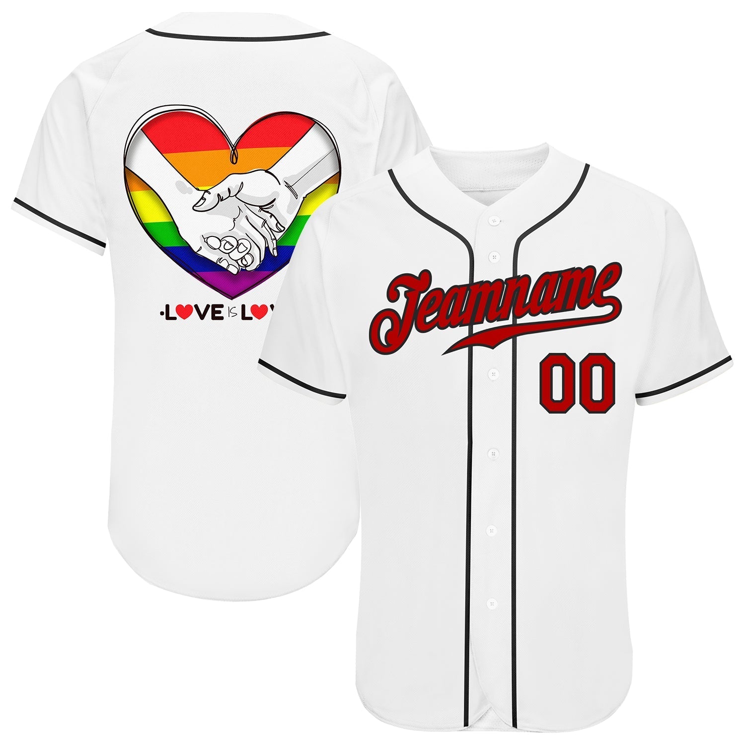 Custom White Red-Black Rainbow Colored Heart For Pride Month Love Is Love LGBT Authentic Baseball Jersey baseball jersey product view 1