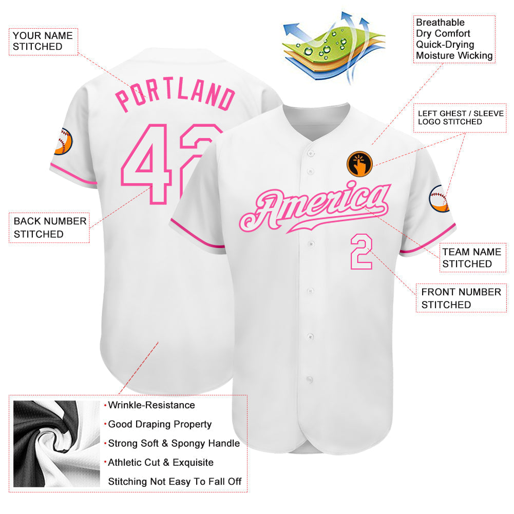 Custom White White-Pink Authentic Baseball Jersey baseball jersey product view 3
