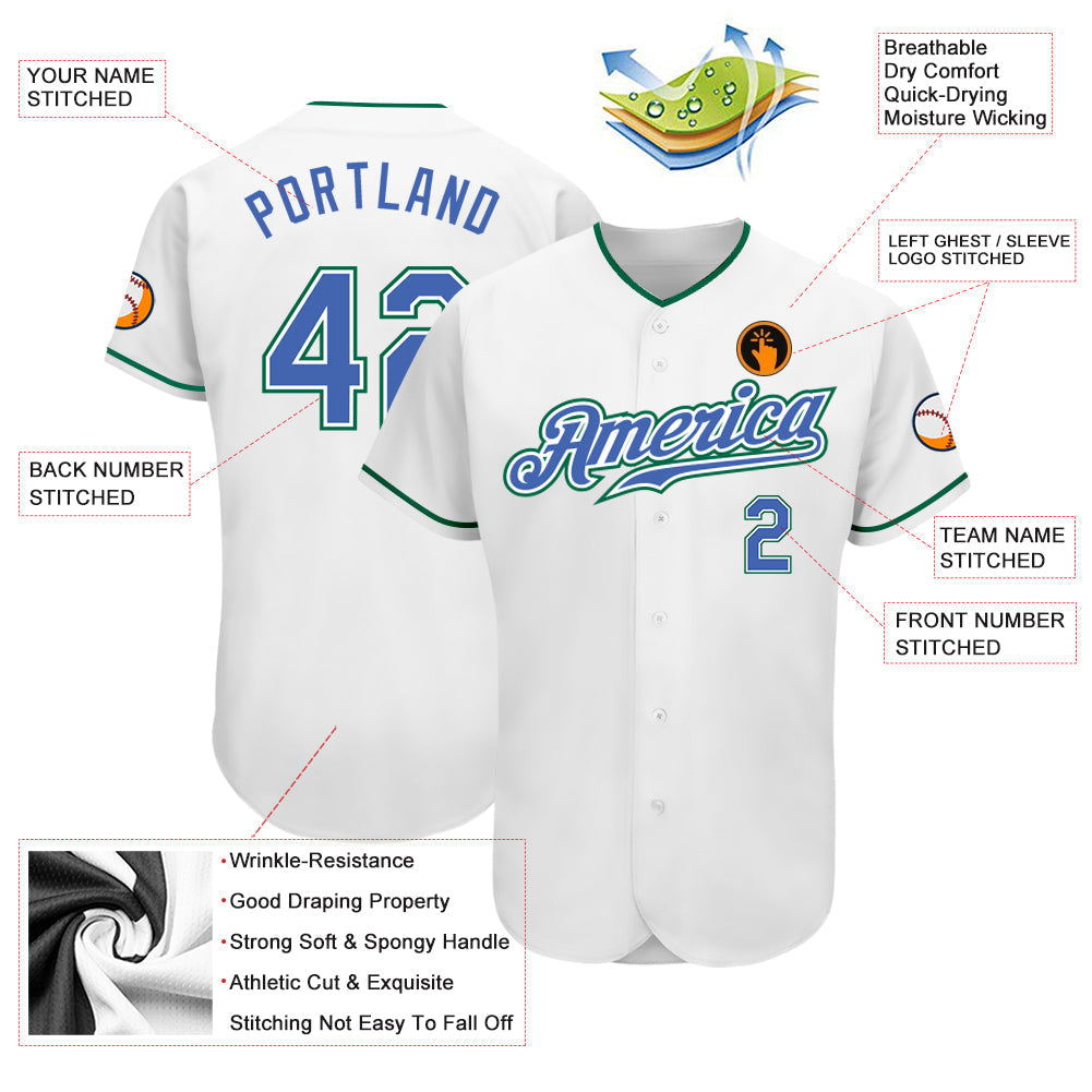 Custom White Blue-Kelly Green Authentic Baseball Jersey baseball jersey product view 3