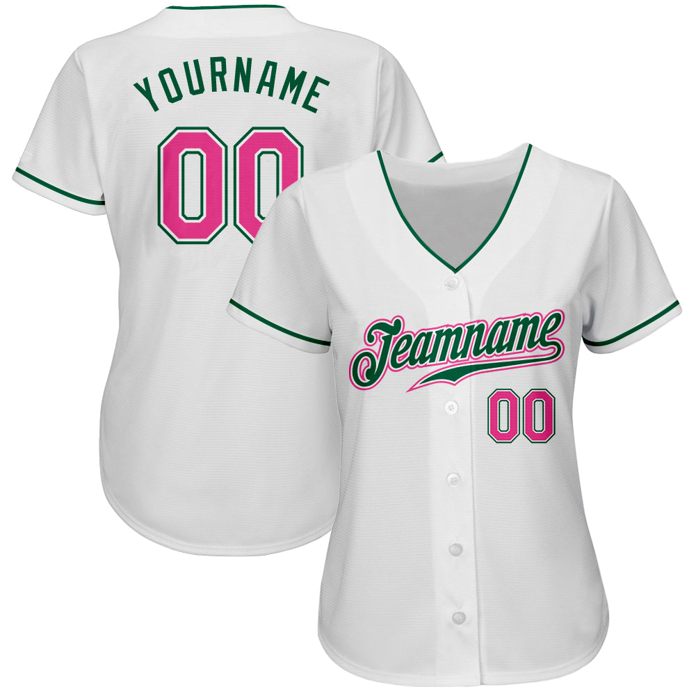 Custom White Pink-Kelly Green Authentic Baseball Jersey baseball jersey product view 2