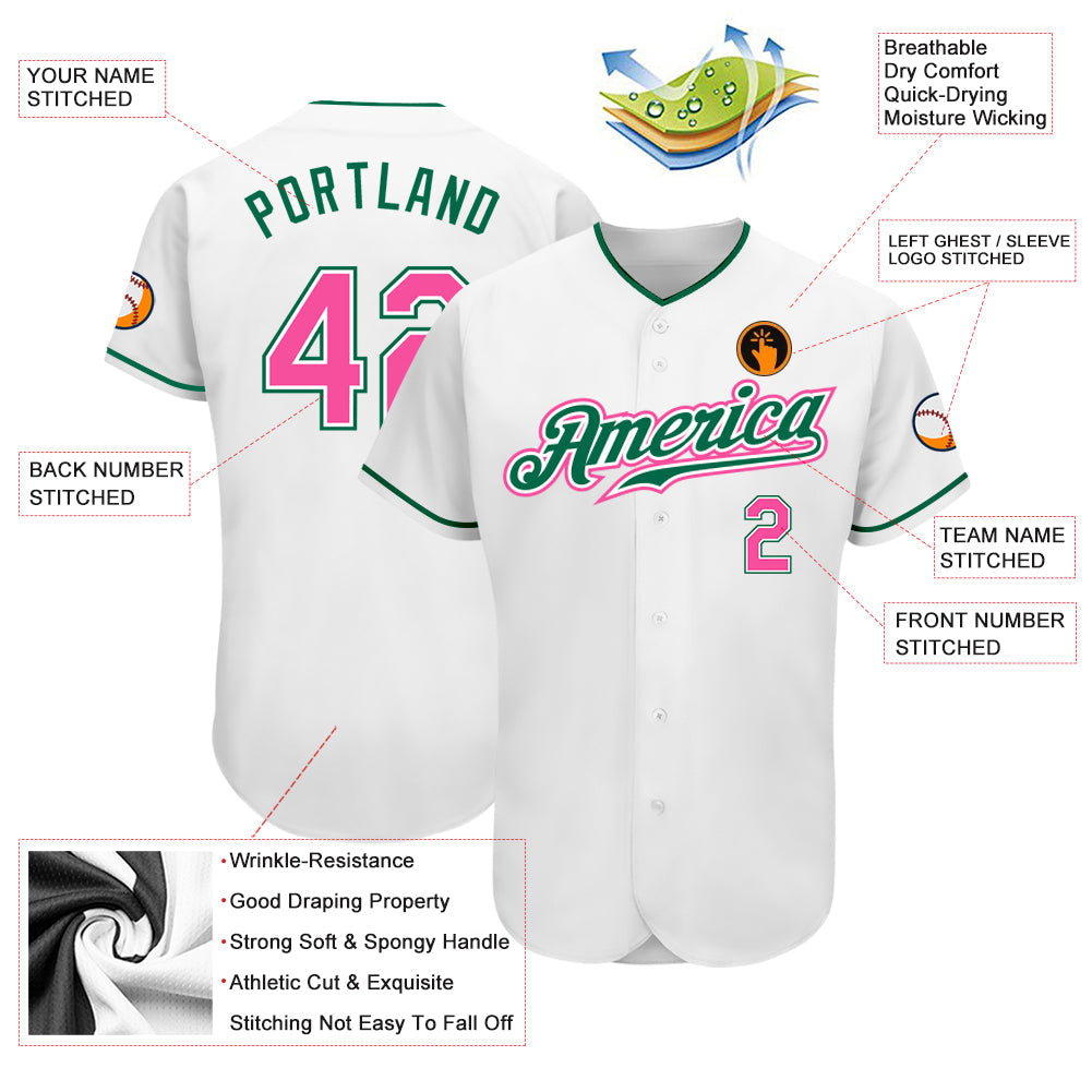 Custom White Pink-Kelly Green Authentic Baseball Jersey baseball jersey product view 3