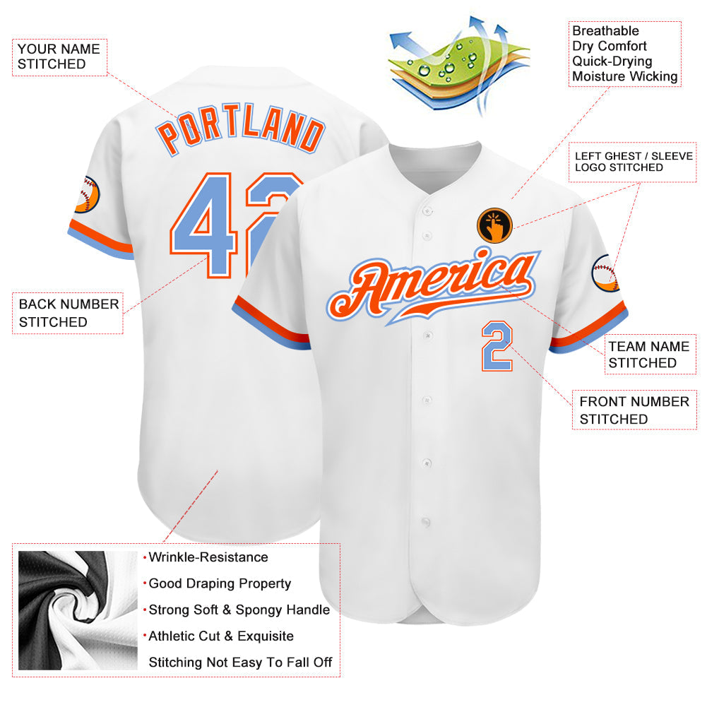 Custom White Powder Blue-Orange Authentic Baseball Jersey baseball jersey product view 3