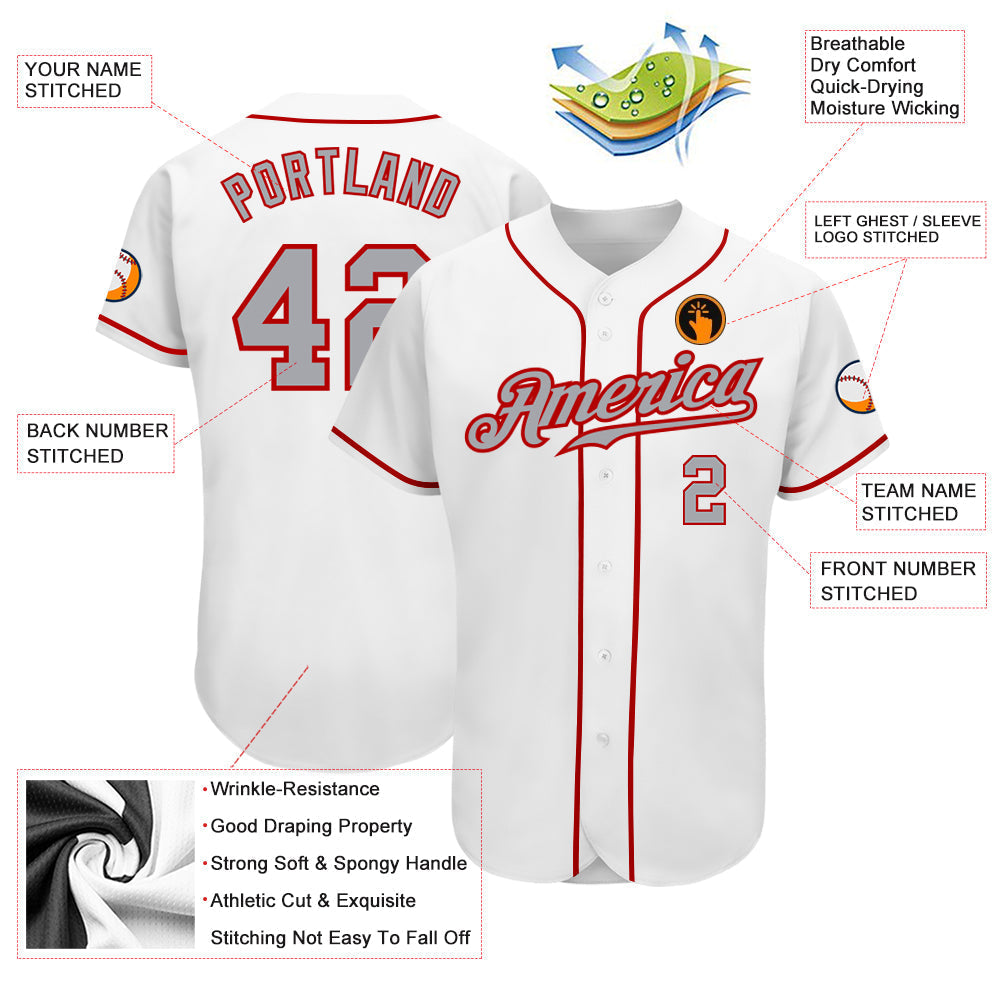 Custom White Gray-Red Authentic Baseball Jersey baseball jersey product view 3