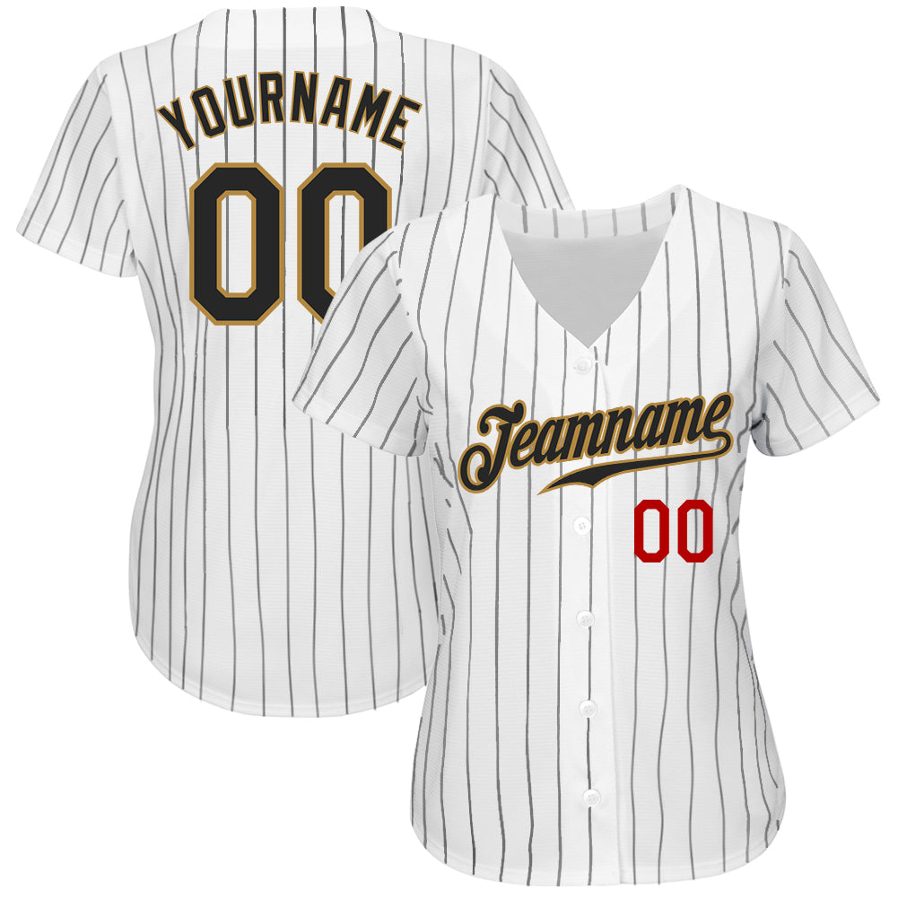 Custom White Black Pinstripe Black Old Gold-Red Authentic Baseball Jersey baseball jersey product view 2