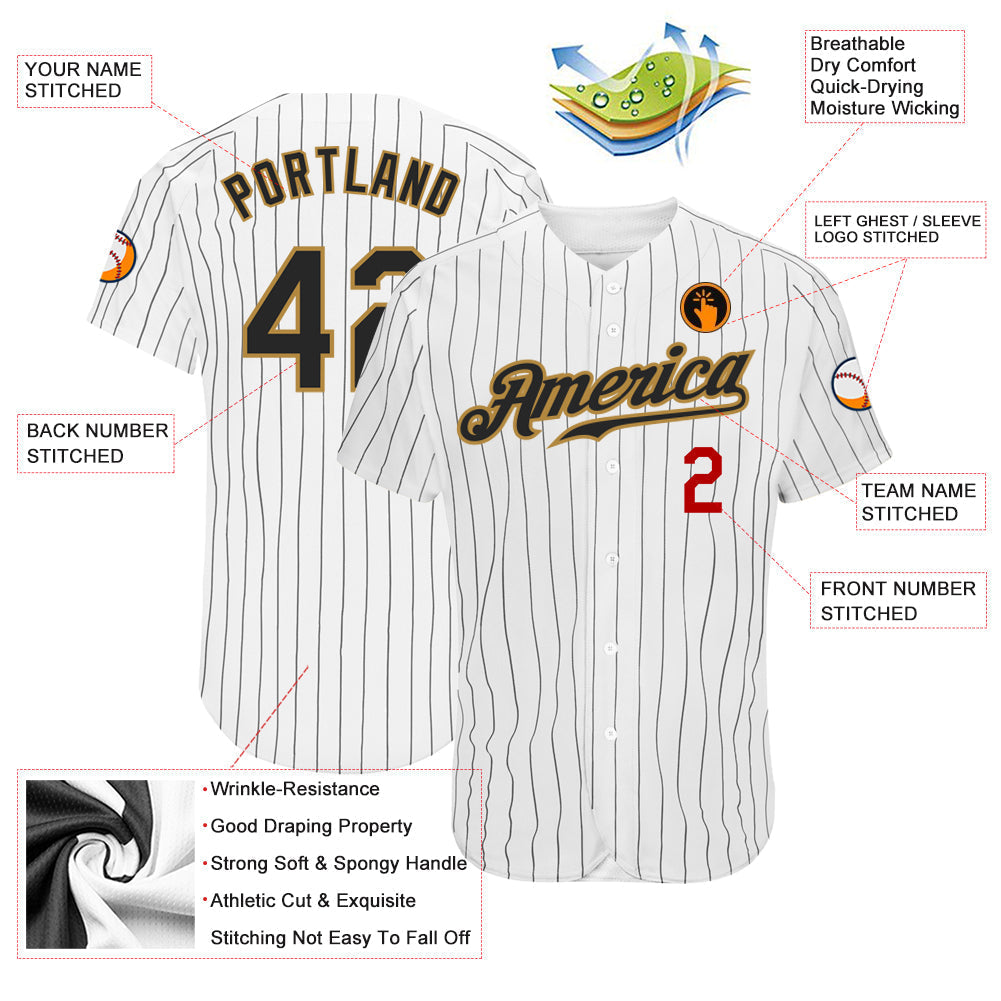 Custom White Black Pinstripe Black Old Gold-Red Authentic Baseball Jersey baseball jersey product view 3