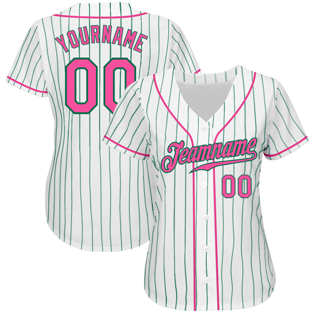 Custom White Kelly Green Pinstripe Pink-Kelly Green Authentic Baseball Jersey baseball jersey product view 2