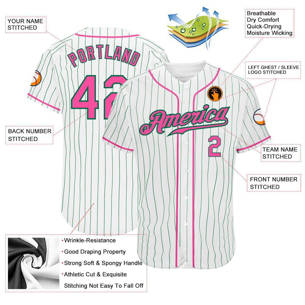 Custom White Kelly Green Pinstripe Pink-Kelly Green Authentic Baseball Jersey baseball jersey product view 3