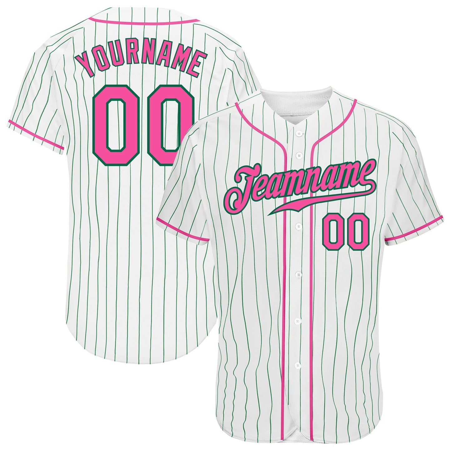 Custom White Kelly Green Pinstripe Pink-Kelly Green Authentic Baseball Jersey baseball jersey product view 1