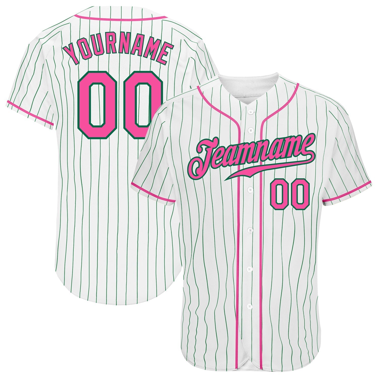 Custom White Kelly Green Pinstripe Pink-Kelly Green Authentic Baseball Jersey baseball jersey product view 1