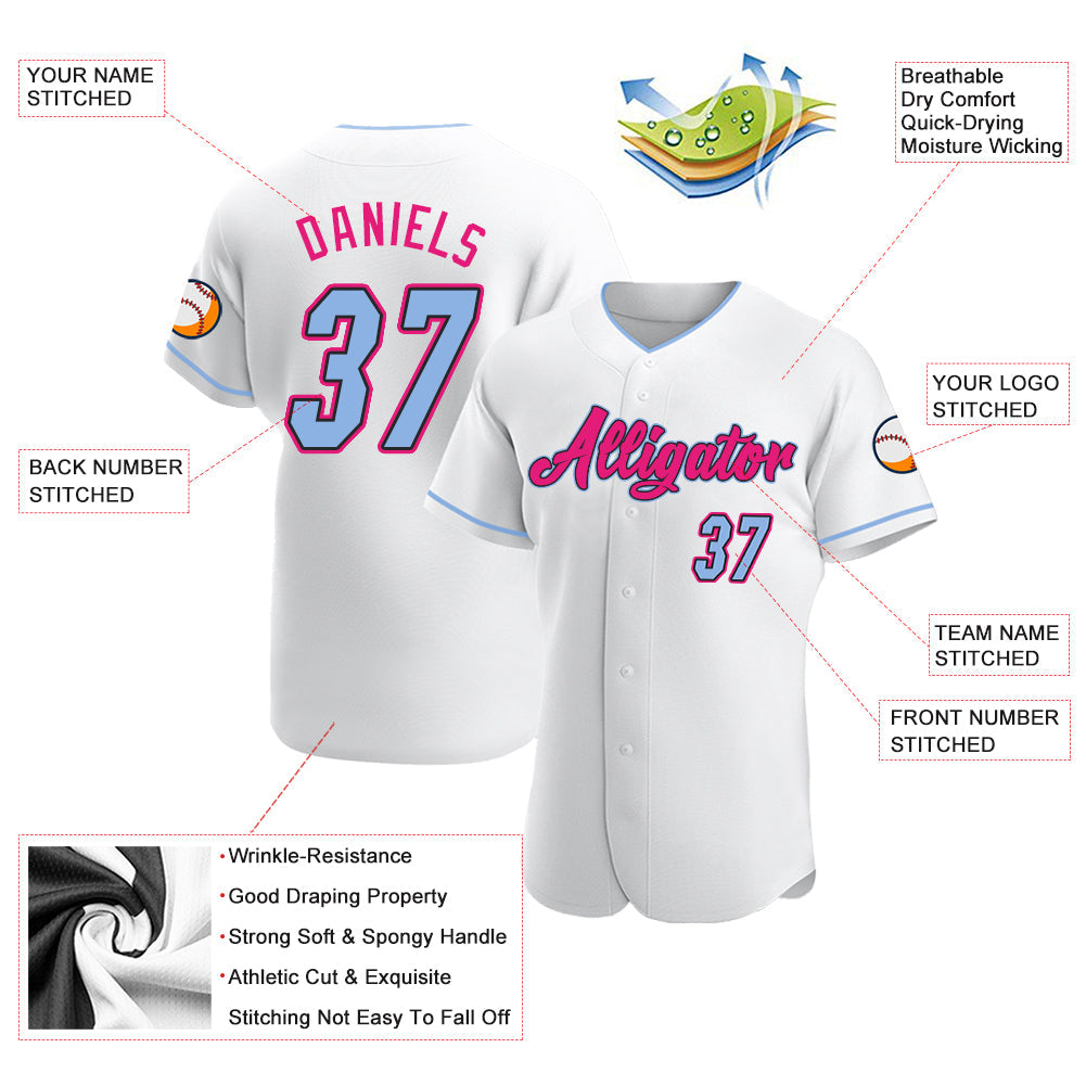 Custom White Light Blue Black-Hot Pink Authentic Baseball Jersey baseball jersey product view 3