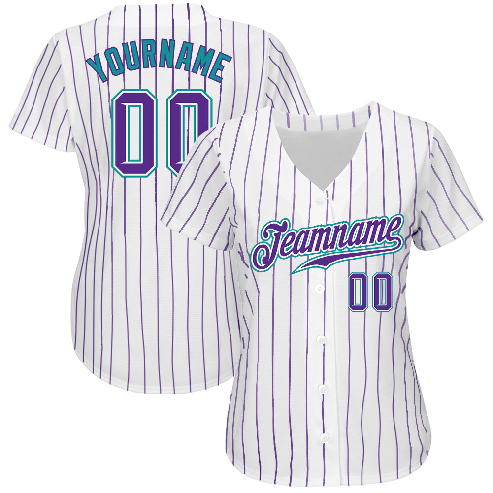 Custom White Purple Pinstripe Purple-Teal Authentic Baseball Jersey baseball jersey product view 2