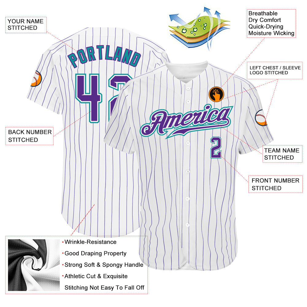 Custom White Purple Pinstripe Purple-Teal Authentic Baseball Jersey baseball jersey product view 3