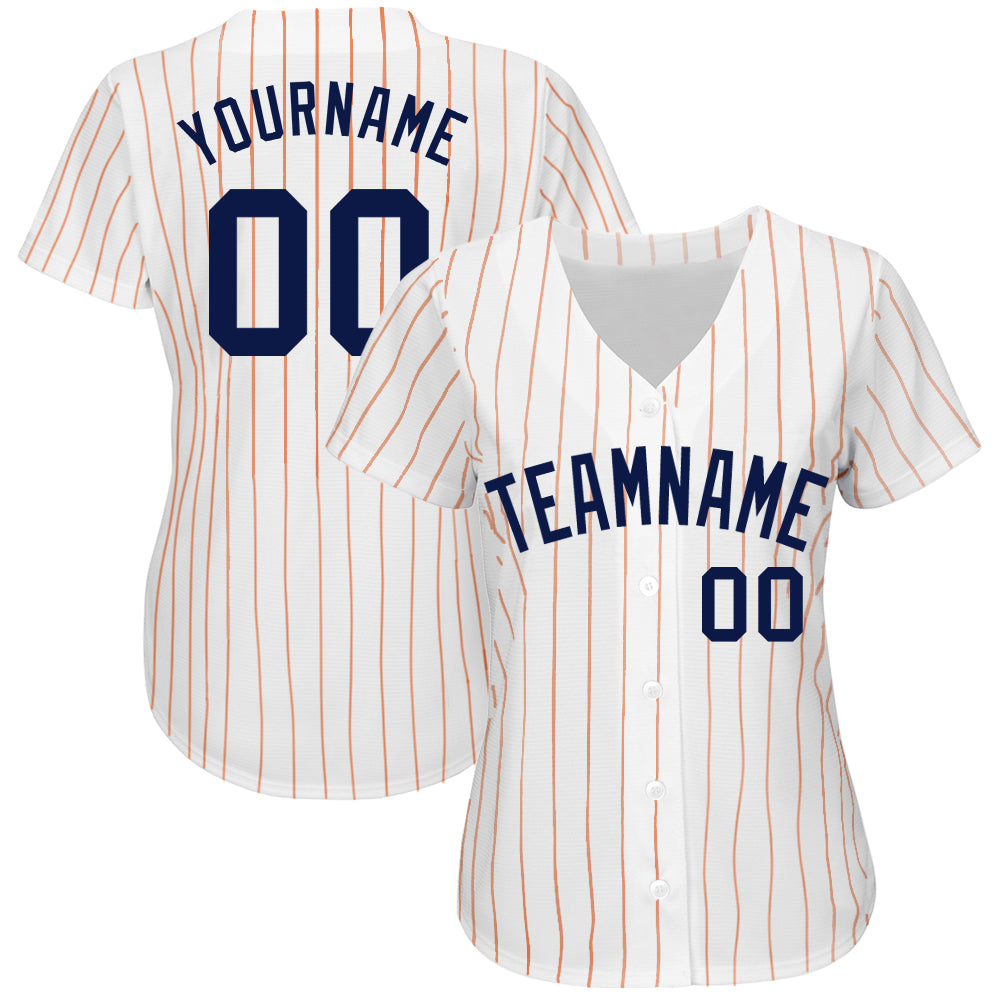 Custom White Orange Pinstripe Navy Authentic Baseball Jersey baseball jersey product view 2