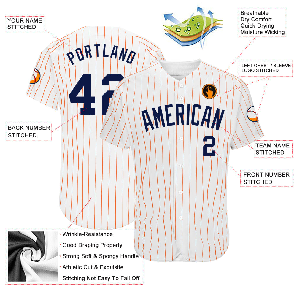 Custom White Orange Pinstripe Navy Authentic Baseball Jersey baseball jersey product view 3