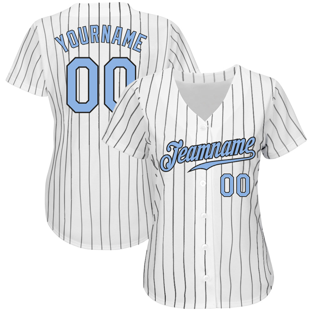 Custom White Black Pinstripe Light Blue-Black Authentic Baseball Jersey baseball jersey product view 2