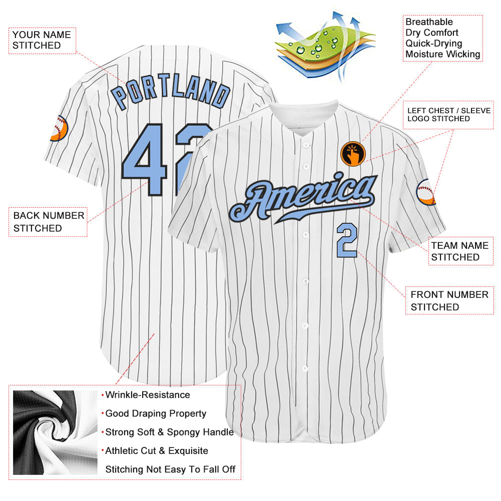 Custom White Black Pinstripe Light Blue-Black Authentic Baseball Jersey baseball jersey product view 3