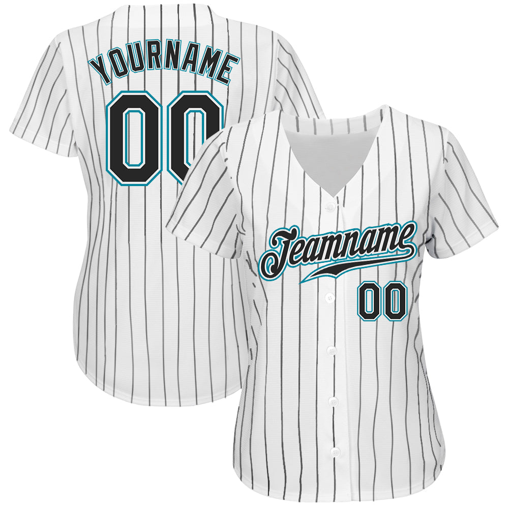 Custom White Black Pinstripe Black-Teal Authentic Baseball Jersey baseball jersey product view 2