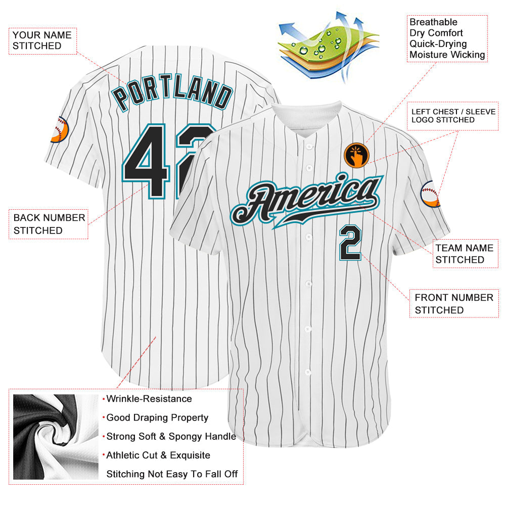Custom White Black Pinstripe Black-Teal Authentic Baseball Jersey baseball jersey product view 3