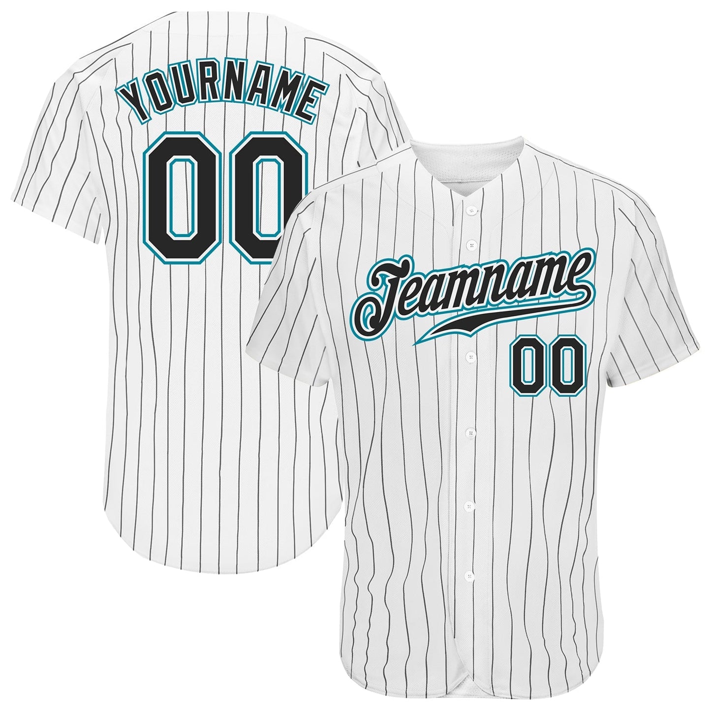 Custom White Black Pinstripe Black-Teal Authentic Baseball Jersey baseball jersey product view 1