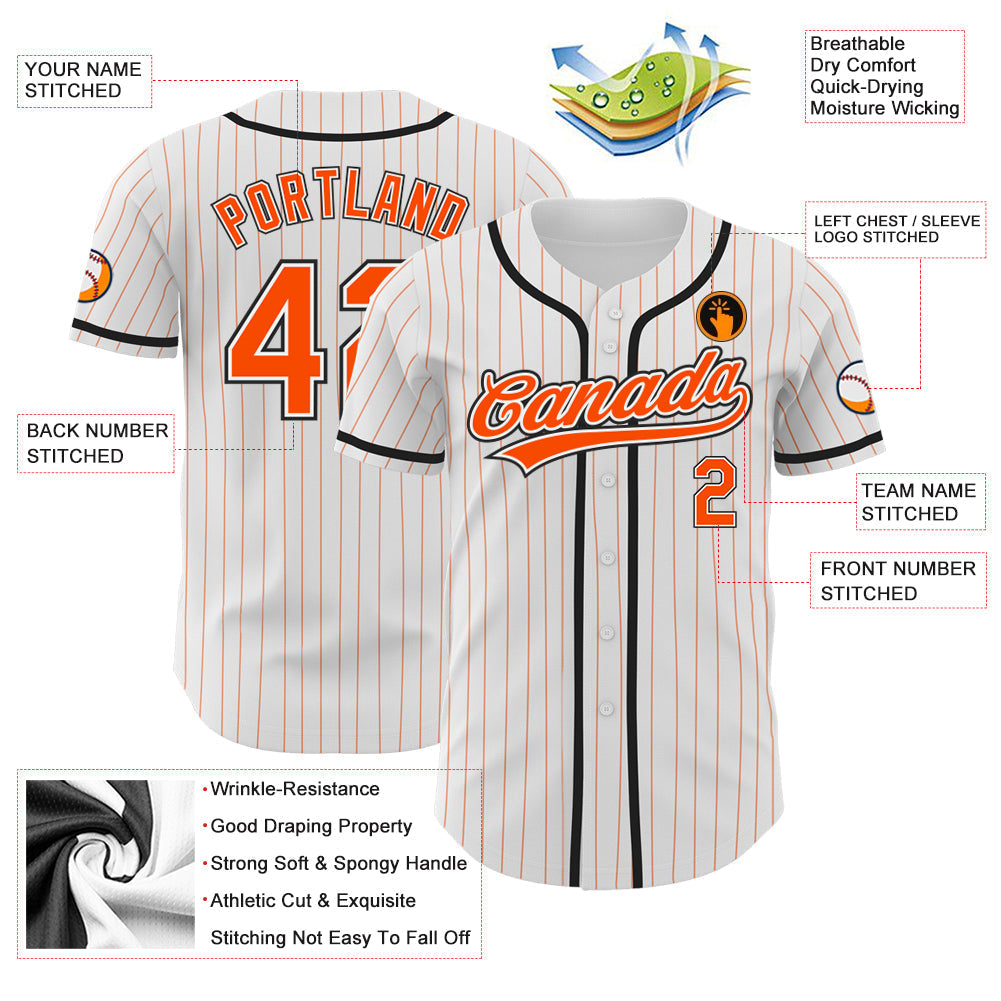 Custom White Orange Pinstripe Orange-Black Authentic Baseball Jersey baseball jersey product view 3