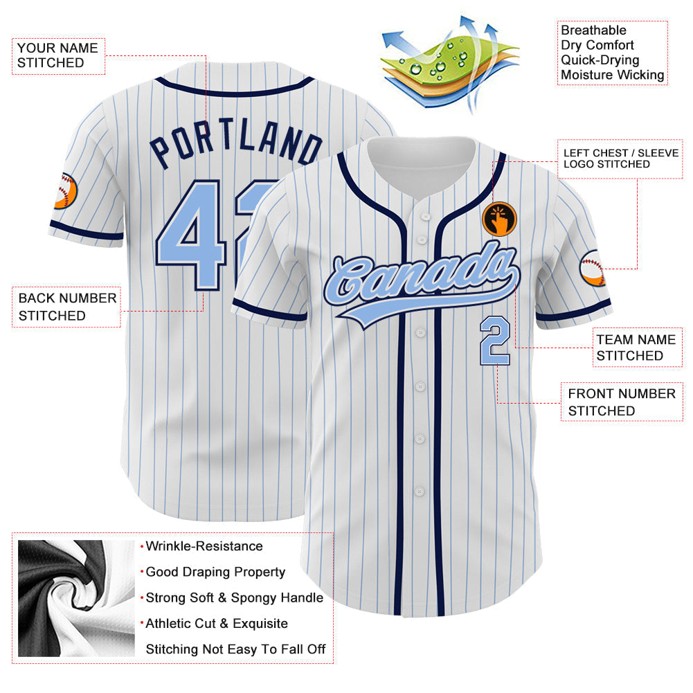 Custom White Light Blue Pinstripe Light Blue-Navy Authentic Baseball Jersey baseball jersey product view 3