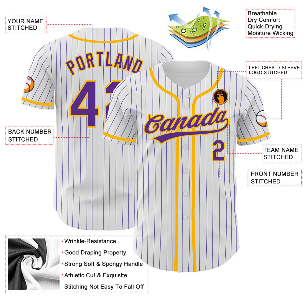 Custom White Purple Pinstripe Purple-Gold Authentic Baseball Jersey baseball jersey product view 3