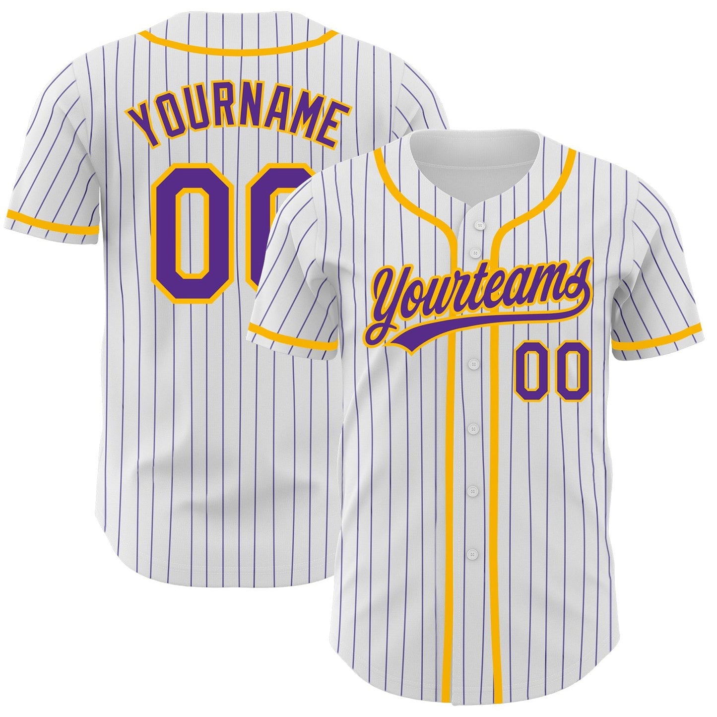 Custom White Purple Pinstripe Purple-Gold Authentic Baseball Jersey baseball jersey product view 1