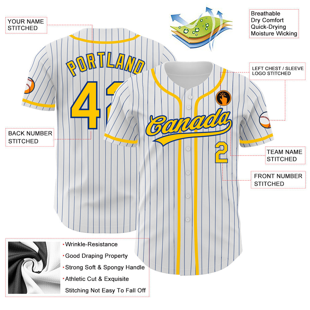Custom White Royal Pinstripe Gold Authentic Baseball Jersey baseball jersey product view 3