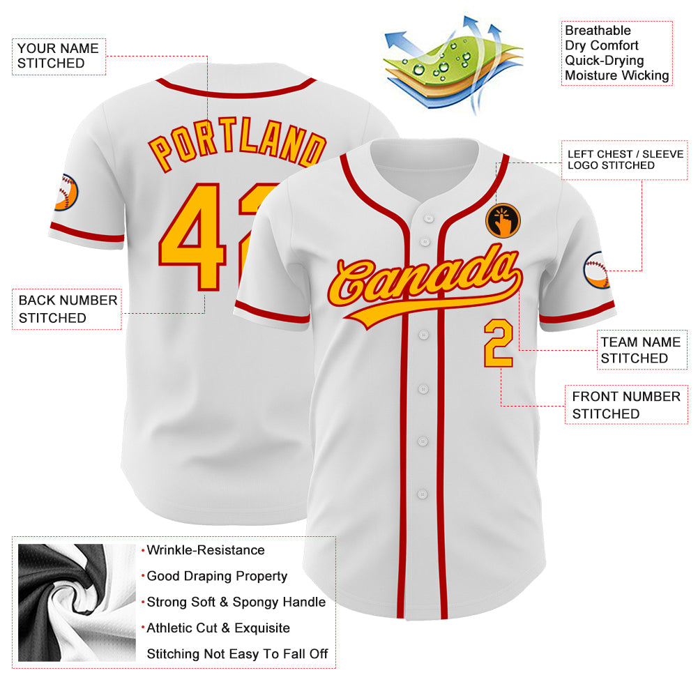 Custom White Gold-Red Authentic Baseball Jersey baseball jersey product view 3