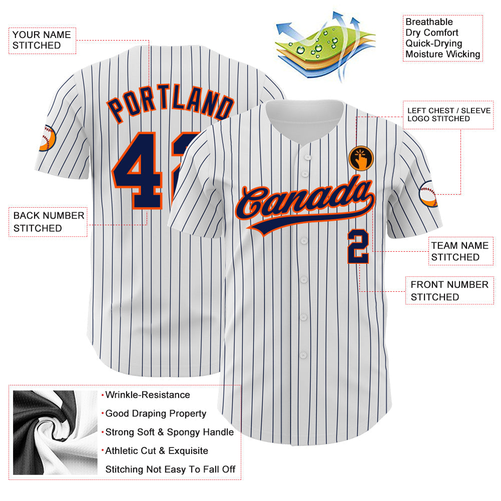 Custom White Navy Pinstripe Navy-Orange Authentic Baseball Jersey baseball jersey product view 3