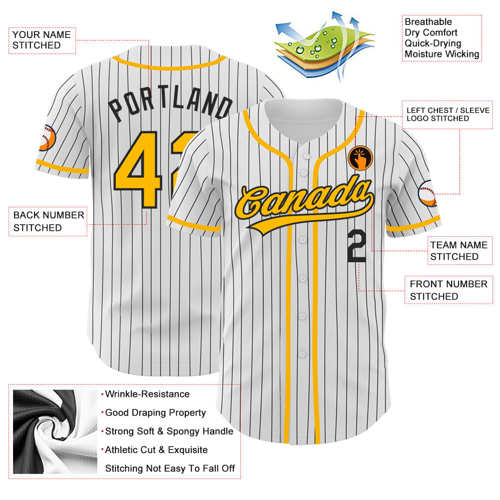 Custom White Black Pinstripe Gold Authentic Baseball Jersey baseball jersey product view 3