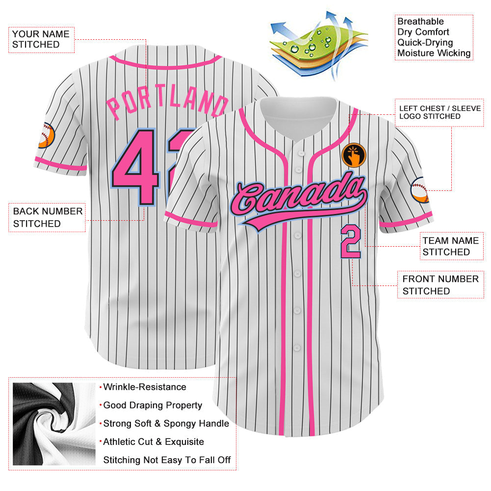 Custom White Black Pinstripe Pink-Light Blue Authentic Baseball Jersey baseball jersey product view 3