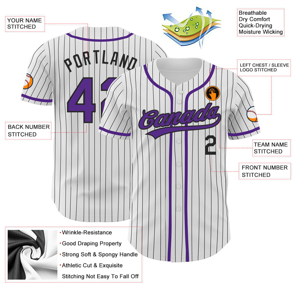 Custom White Black Pinstripe Purple Authentic Baseball Jersey baseball jersey product view 3