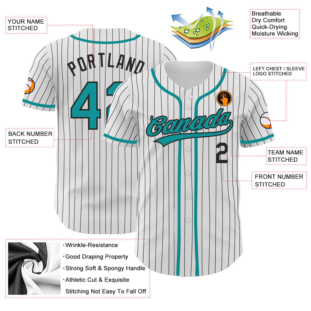 Custom White Black Pinstripe Teal Authentic Baseball Jersey baseball jersey product view 3
