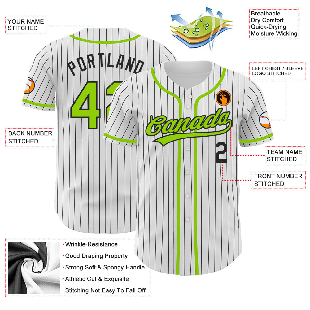 Custom White Black Pinstripe Neon Green Authentic Baseball Jersey baseball jersey product view 3