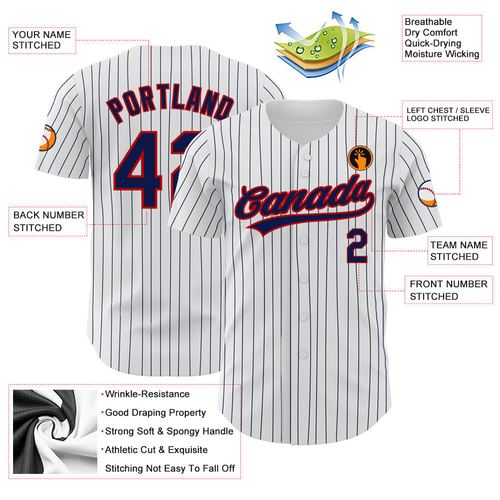 Custom White Navy Pinstripe Navy-Red Authentic Baseball Jersey baseball jersey product view 3