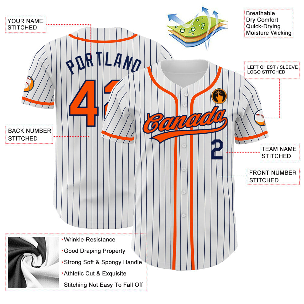 Custom White Navy Pinstripe Orange Authentic Baseball Jersey baseball jersey product view 3