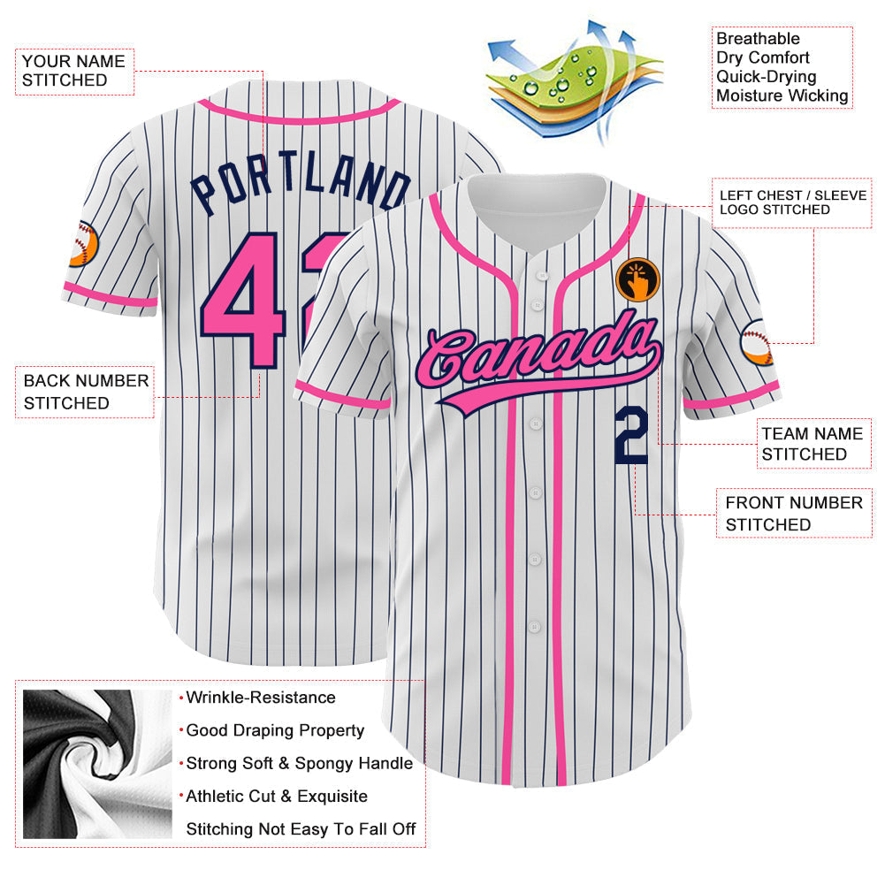 Custom White Navy Pinstripe Pink Authentic Baseball Jersey baseball jersey product view 3