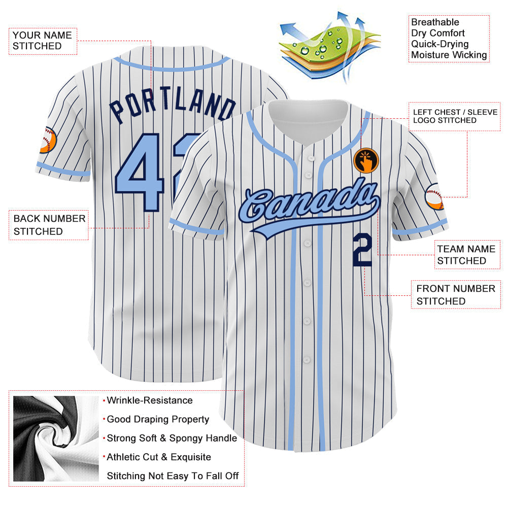 Custom White Navy Pinstripe Light Blue Authentic Baseball Jersey baseball jersey product view 3