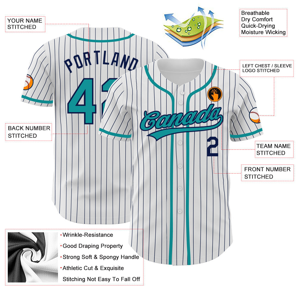 Custom White Navy Pinstripe Teal Authentic Baseball Jersey baseball jersey product view 3