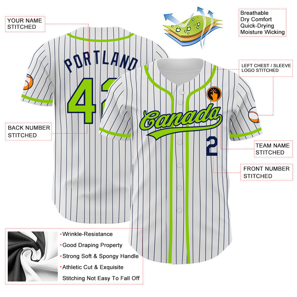 Custom White Navy Pinstripe Neon Green Authentic Baseball Jersey baseball jersey product view 3