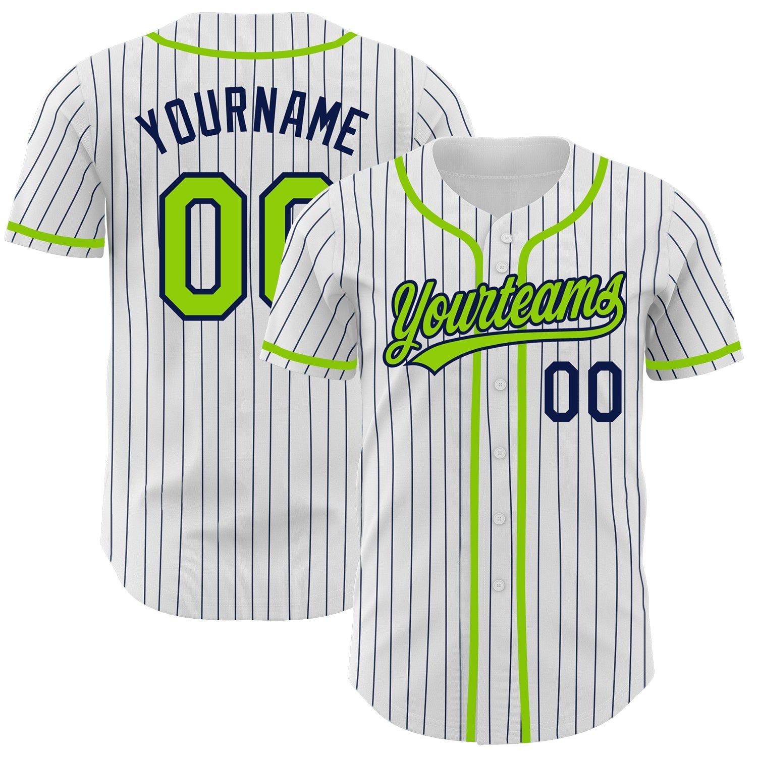 Custom White Navy Pinstripe Neon Green Authentic Baseball Jersey baseball jersey product view 1
