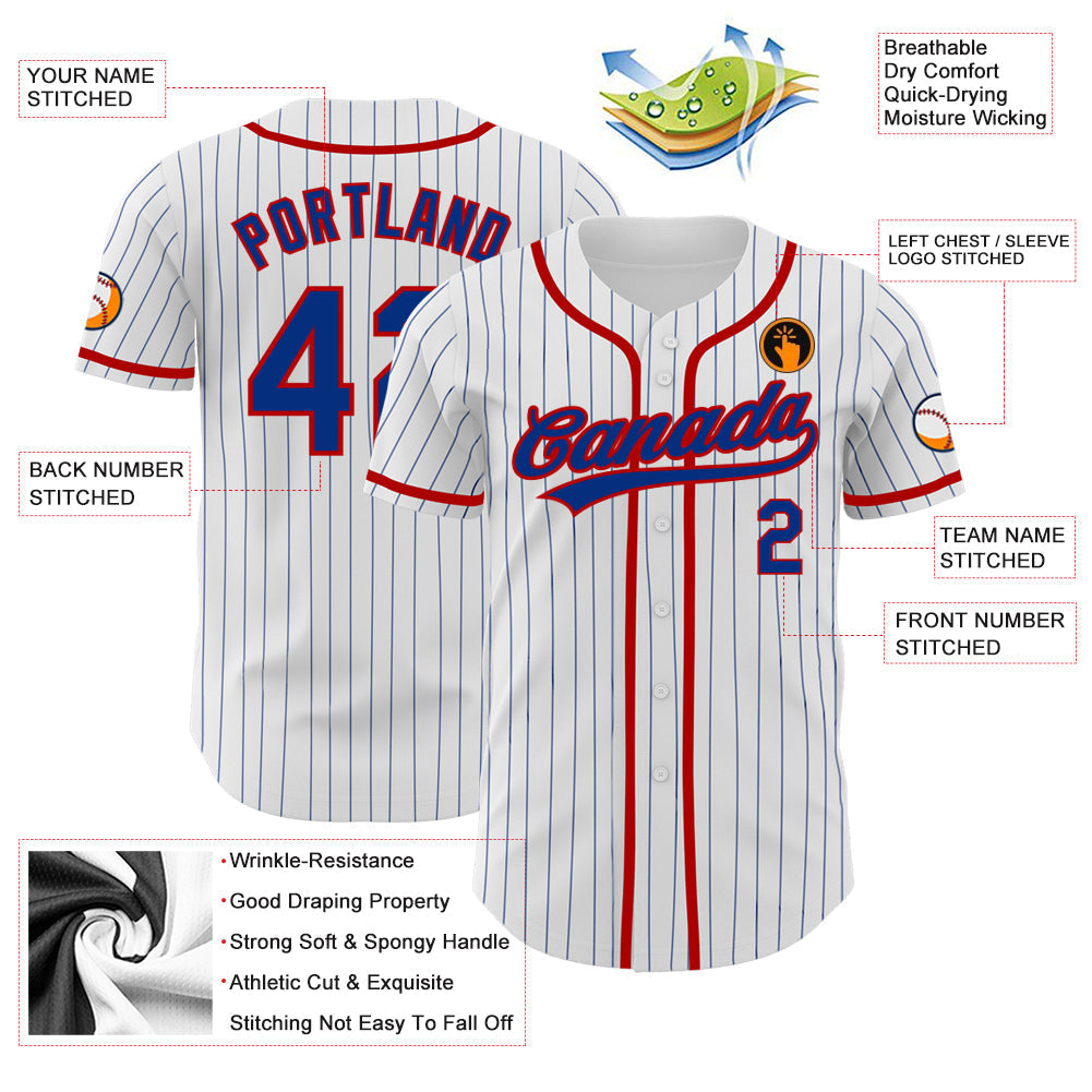 Custom White Royal Pinstripe Royal-Red Authentic Baseball Jersey baseball jersey product view 3